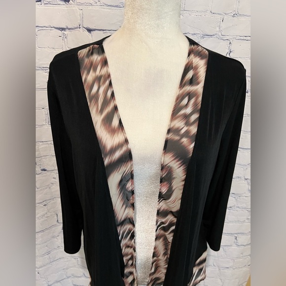 Women's Chico's Travelers black w/tie dye Chiffon trim open Kimono jacket 2/M/12 - Picture 2 of 7